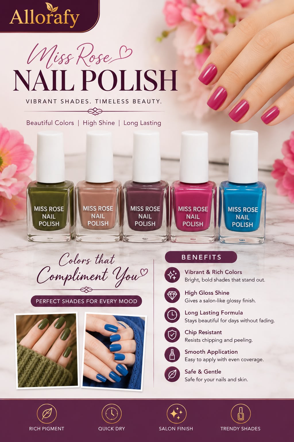 Miss Rose Nail Polish Set – 5 Beautiful colours peel off buy 5 get 2 free
